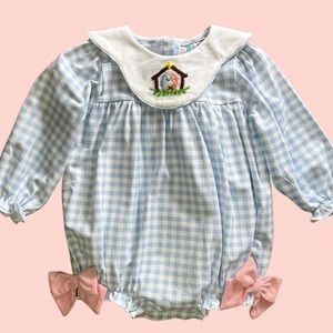 Hand Embroidered Blue Gingham Nativity Bubble